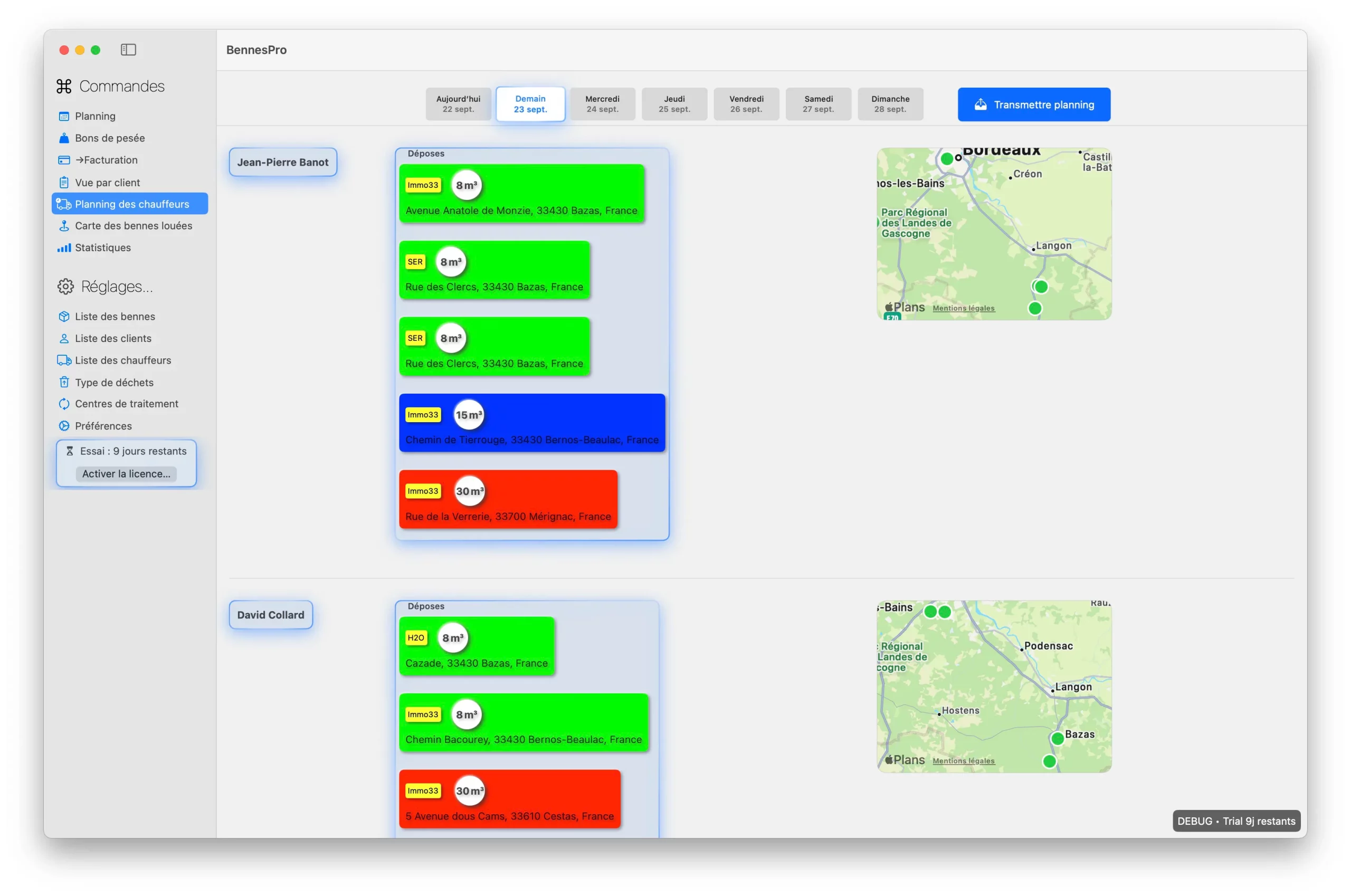 Planning des chauffeurs dans BennesPro