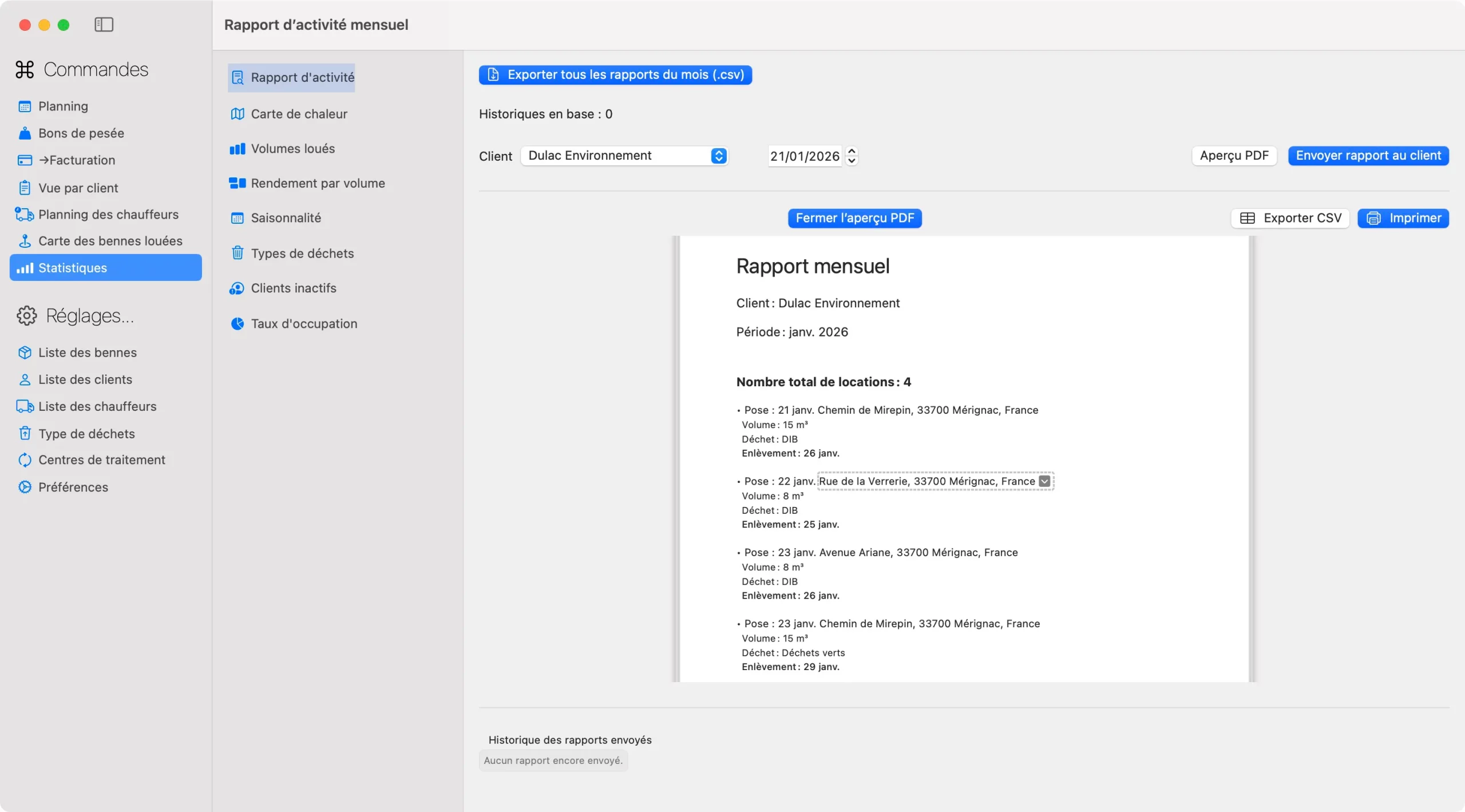 BennesPro: Rapport mensuel client