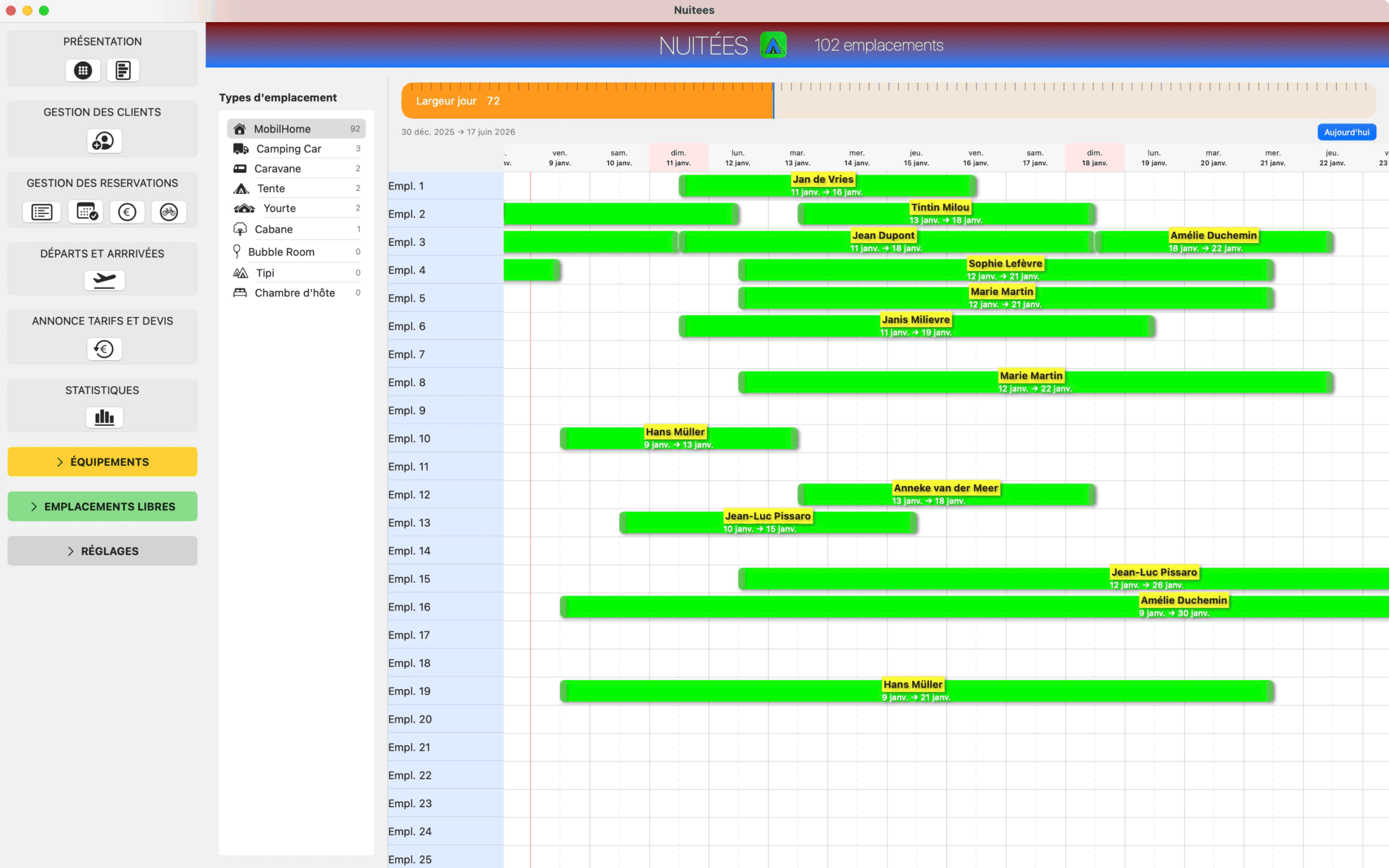 Nuitées : vue planning