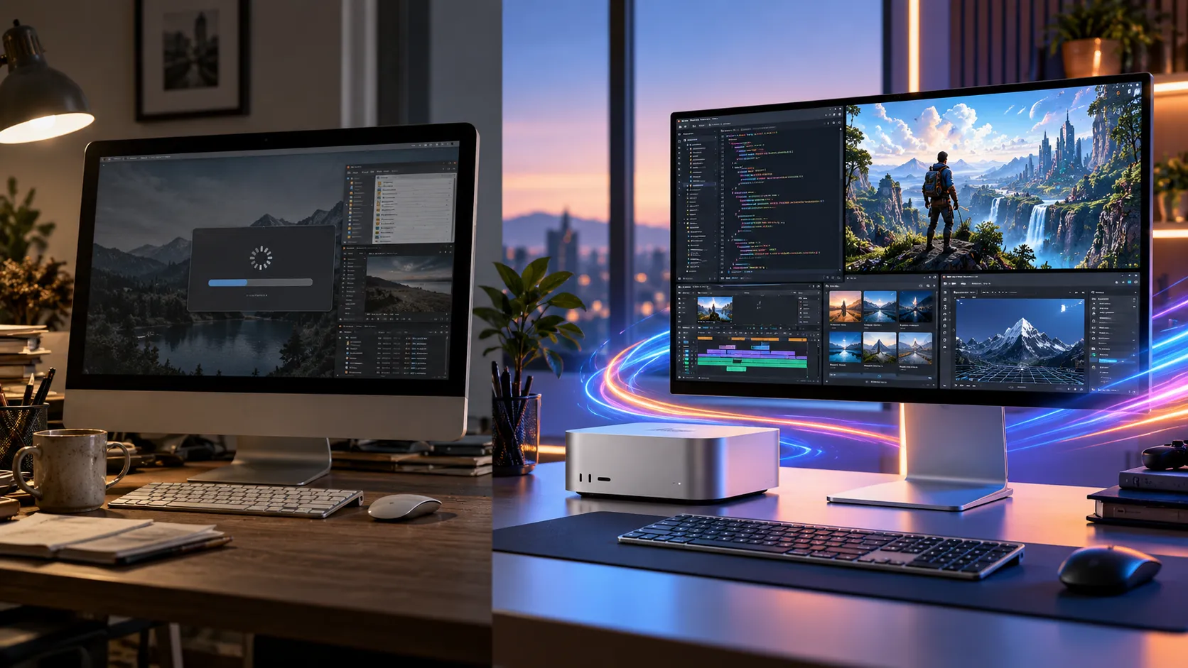 Comparaison entre un ancien iMac Intel 27 pouces et un Mac Studio M5 Max dans un environnement de travail moderne.