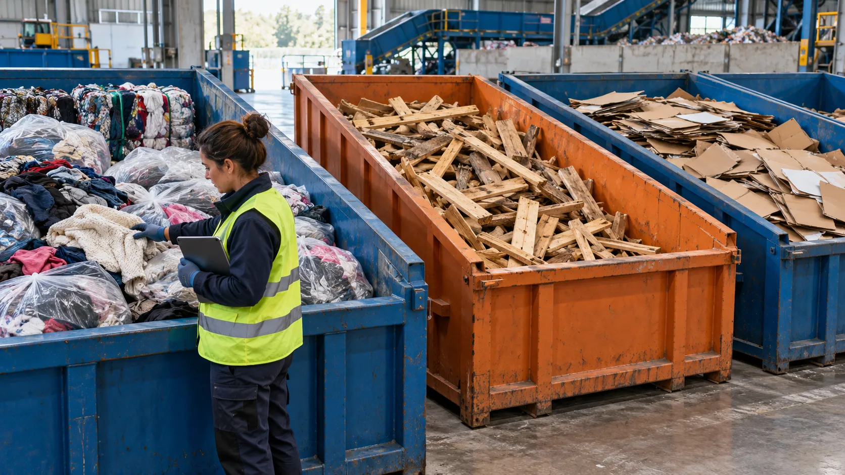 Séparation des déchets textiles, du bois et du carton dans des bennes