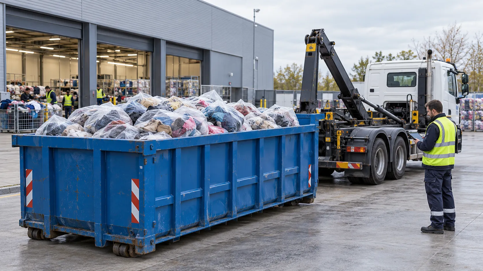 enlèvement d’une benne de déchets textiles.
