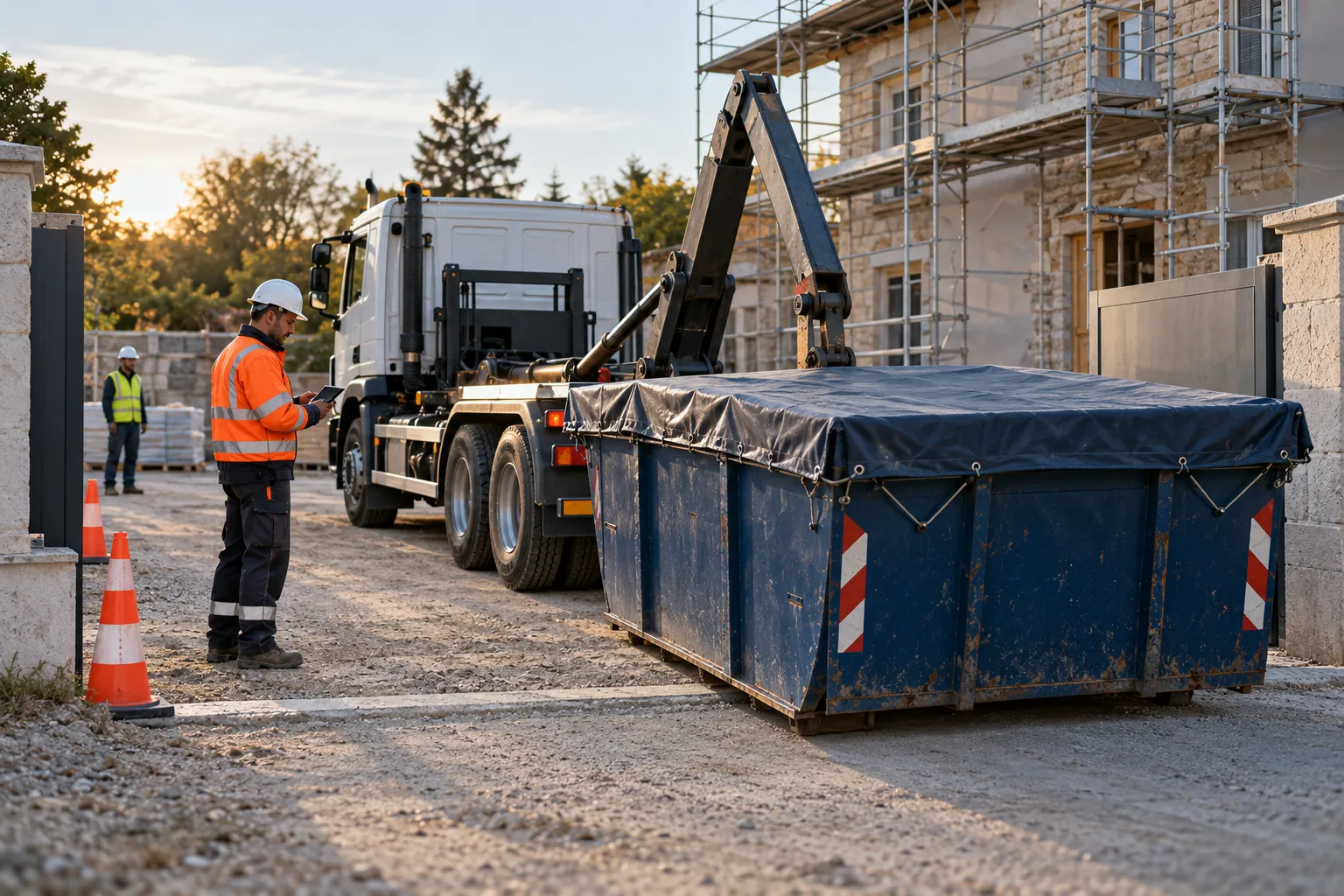 Chauffeur vérifiant une benne avant son enlèvement sur un chantier